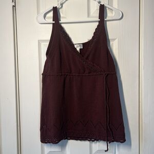 LOFT Burgundy Wrap Top Size L Beaded Lace Knit Sleeveless Tie Waist